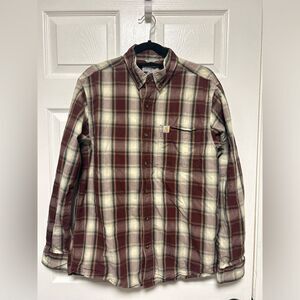 Carhartt Shirt Men’s Medium Burgundy Khaki Plaid Relaxed Fit Button Down LS